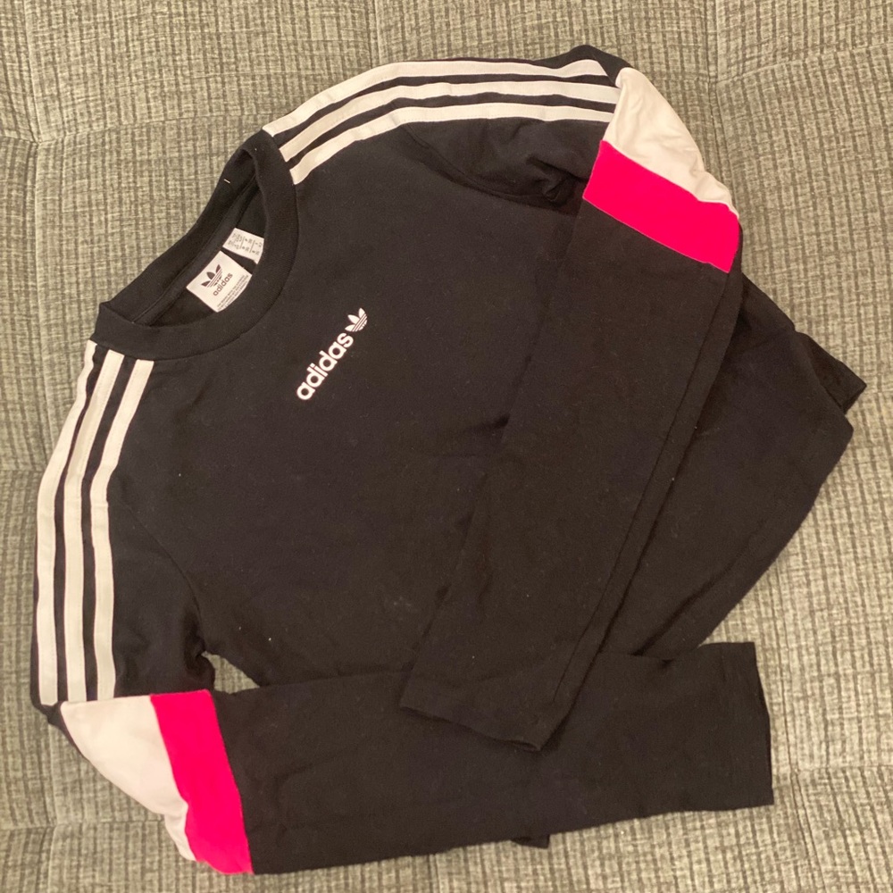 Adidas Women's Black Long Sleeve Top with Pink and White Accents